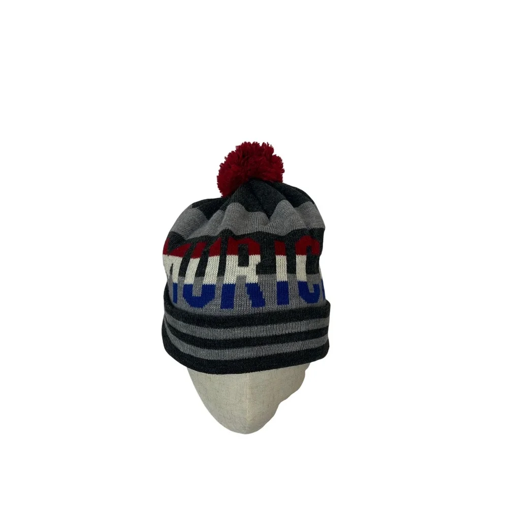 American Eagle Murica Beanie Grey Striped Pom Pom Knit Hat Patriotic One‎ Size